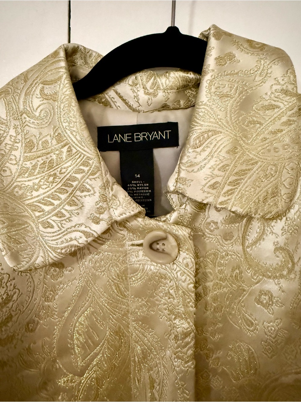 Lane Bryant Women's Plus Size 14 Gold Metallic Paisley Brocade Evening Coat
